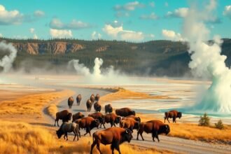 Bölénycsordák Yellowstone-ban, háttérben gejzírek füstölnek