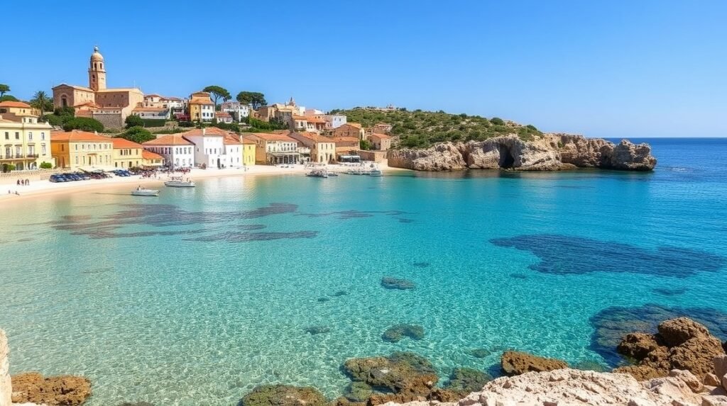 Gyönyörű látkép a Ciutadelláról, Menorca érintetlen öbleivel és napfényes tengerével.