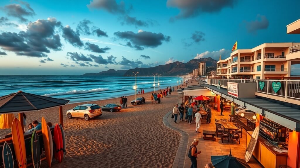 Playa de las Américas éjszakai strandjának látványa Tenerife