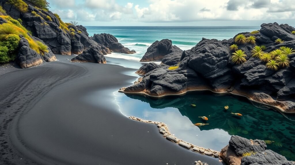 Fekete homokos tengerpart Puerto de la Cruz környezetében