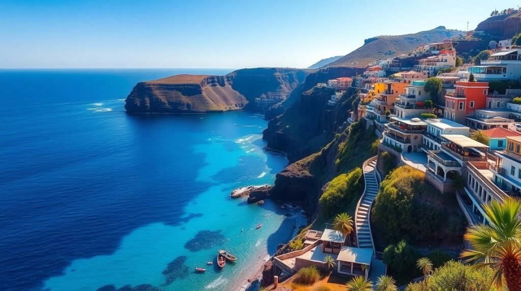 Puerto Rico, Gran Canaria: sziklafalba épült teraszok és tengerpart