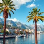 Pálmafák és alpesi táj Lugano városában, Svájcban.