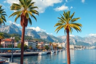 Pálmafák és alpesi táj Lugano városában, Svájcban.