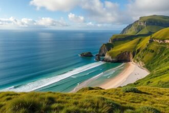 Smaragdzöld partok és a Gulpiyuri strand, Llanes Asztúriában.