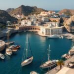 Águilas kikötője gyönyörű jachtokkal és mediterrán tájjal.