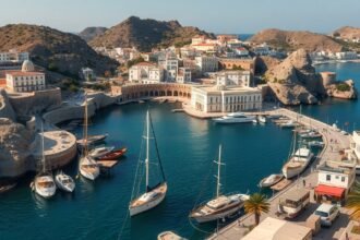 Águilas kikötője gyönyörű jachtokkal és mediterrán tájjal.