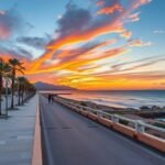 Naplemente Roquetas de Mar tengerparti sétányán pálmafákkal.