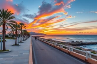 Naplemente Roquetas de Mar tengerparti sétányán pálmafákkal.