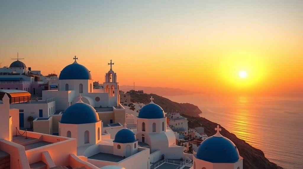 Oia naplemente a kék kupolás templomok felett Santorini szigetén.