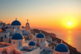 Oia naplemente a kék kupolás templomok felett Santorini szigetén.