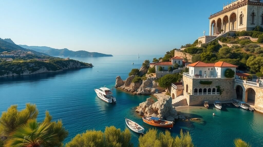 Paleokastritsa gyönyörű öble, hegyi kolostorral és türkizkék vízzel