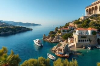 Paleokastritsa gyönyörű öble, hegyi kolostorral és türkizkék vízzel