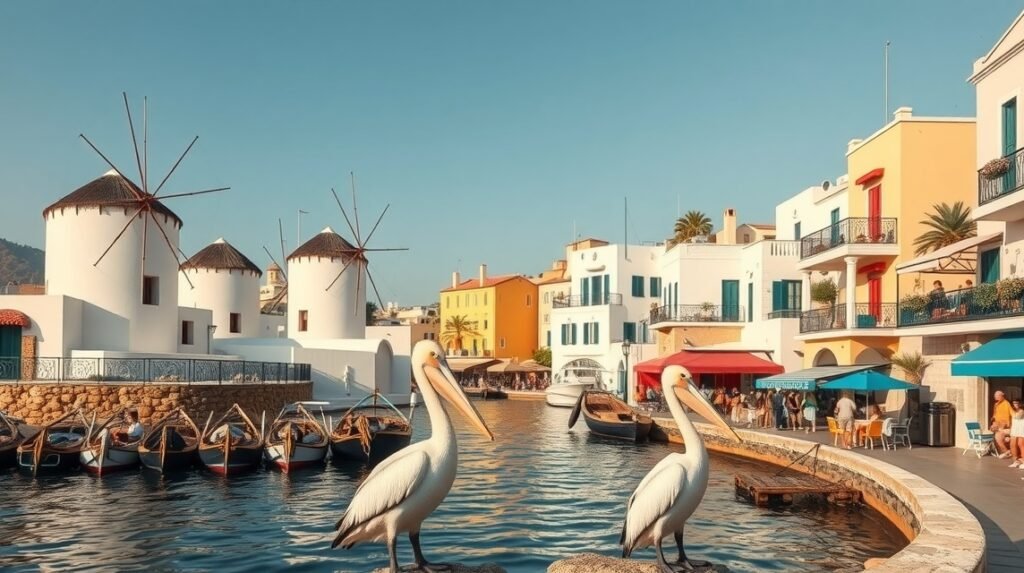 Mykonos Chora szélmalmai és pelikánok a Kis Velence eleganciájában