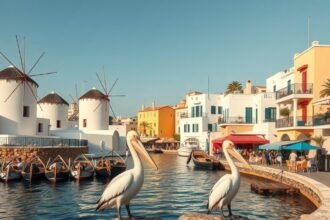Mykonos Chora szélmalmai és pelikánok a Kis Velence eleganciájában