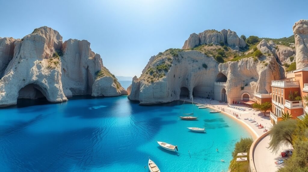 Porto Katsiki strand Lefkadán, kék víz és sziklafalak látványa.