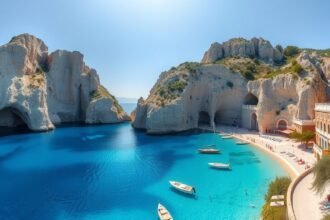 Porto Katsiki strand Lefkadán, kék víz és sziklafalak látványa.