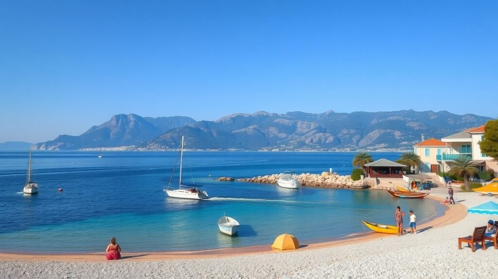 Sarti tengerpart, Athos-heggyel a háttérben, gyönyörű nyári nap.