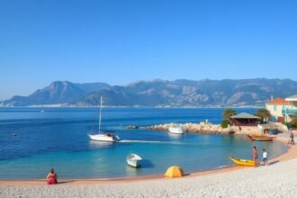 Sarti tengerpart, Athos-heggyel a háttérben, gyönyörű nyári nap.