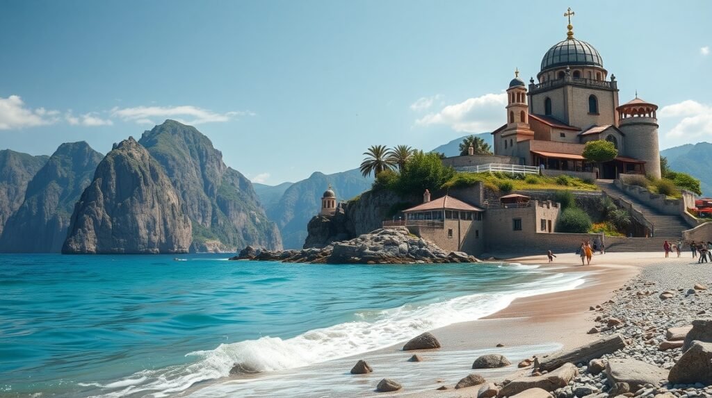 Görög tengerparti kolostor a Meteora közelében, lenyűgöző tájjal.