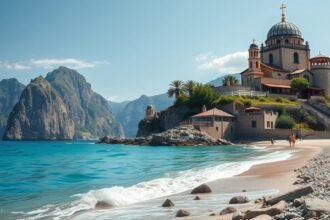 Görög tengerparti kolostor a Meteora közelében, lenyűgöző tájjal.