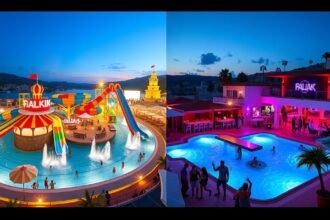 Faliraki aquapark és éjszakai élet tájképe Rodoszon