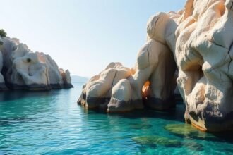 Mesés sziklacsatornák a Szerelmesek Csatornájánál Sidariban, Korfun.