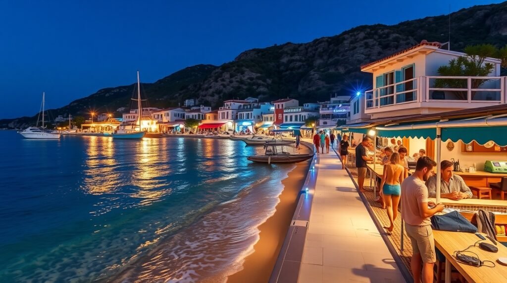 Laganas tengerparti sétány éjszaka, csodás fényekkel