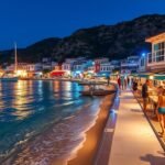 Laganas tengerparti sétány éjszaka, csodás fényekkel