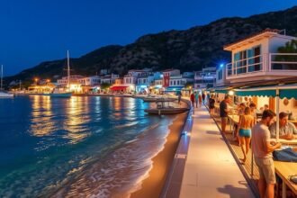 Laganas tengerparti sétány éjszaka, csodás fényekkel