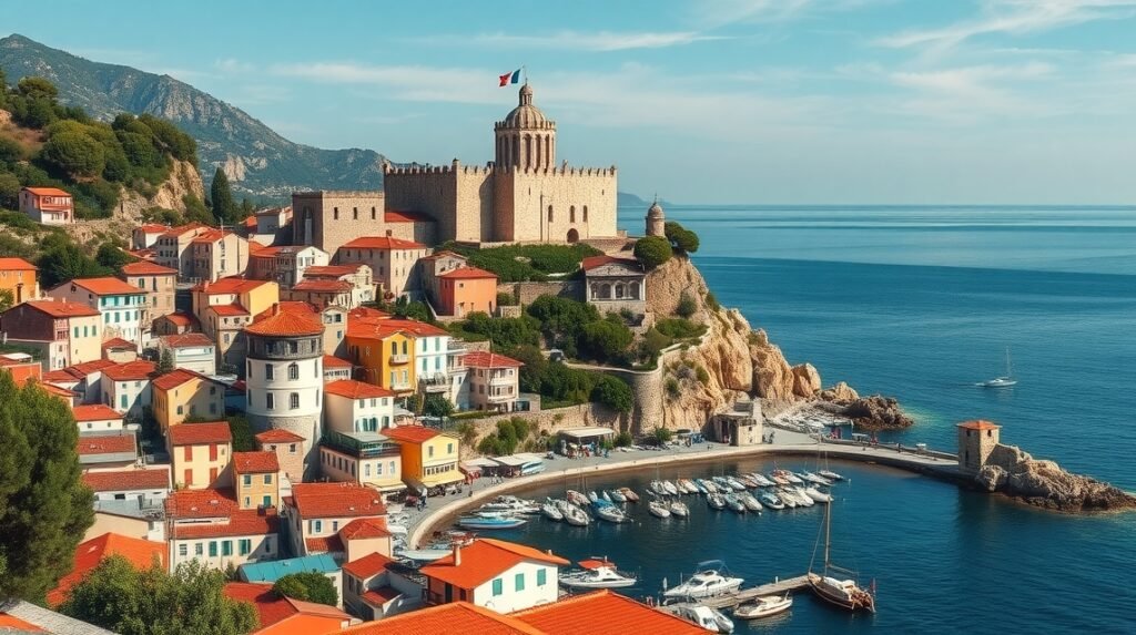 Parga város panorámája a velencei várral és tengerparttal