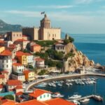Parga város panorámája a velencei várral és tengerparttal