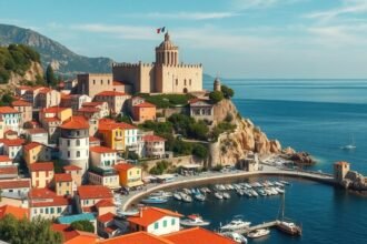 Parga város panorámája a velencei várral és tengerparttal