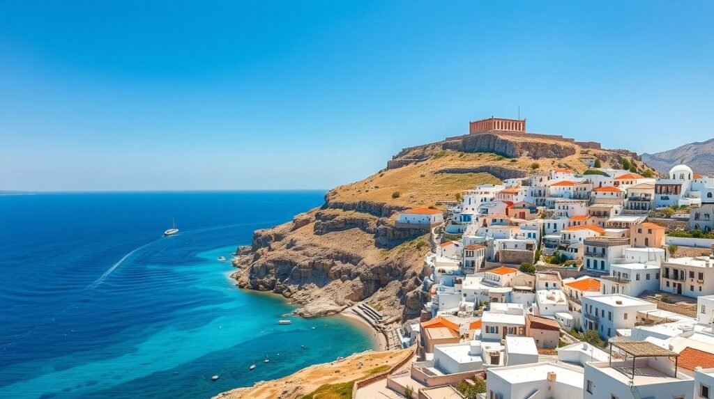 Lindos, Rodosz fehér falu és az Akropolisz látképe a tengerrel