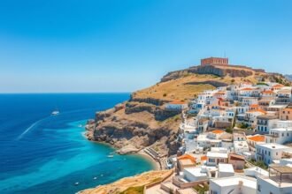 Lindos, Rodosz fehér falu és az Akropolisz látképe a tengerrel