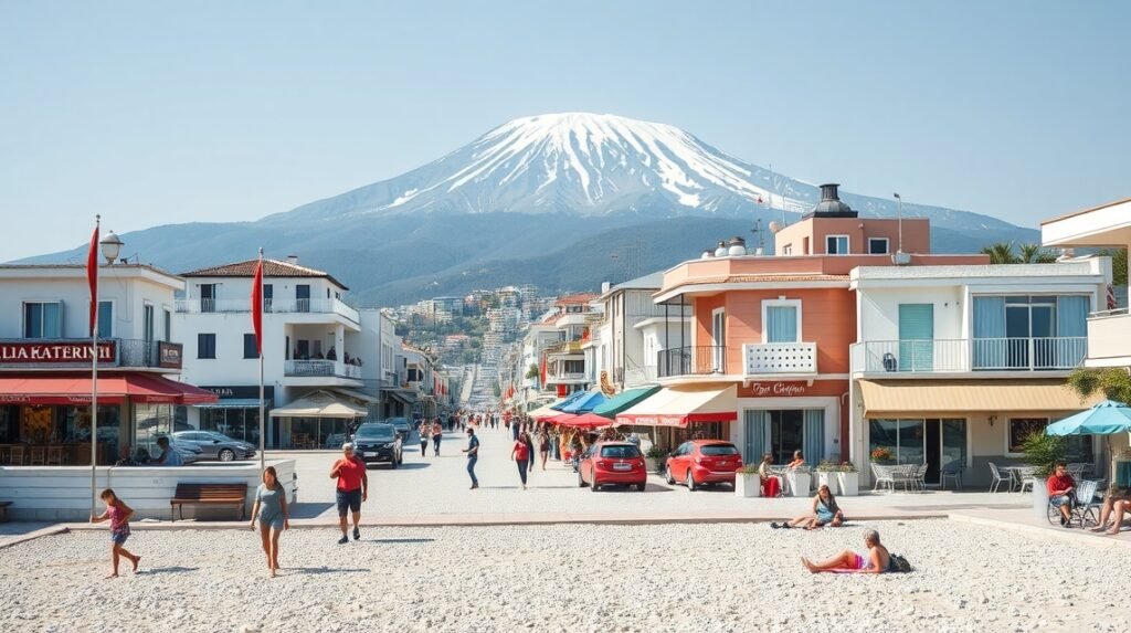 Paralia Katerini tengerparti sétány, Olymposzi háttérrel.