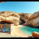 Matala híres hippik barlangjai Krétán színes graffiti mellett