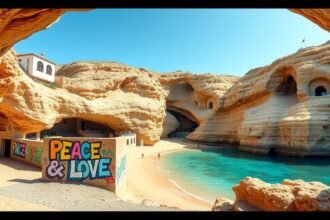 Matala híres hippik barlangjai Krétán színes graffiti mellett