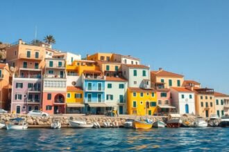 Színes házak a Simik szigetén Rodoszon, - ékkövek a tengerparton