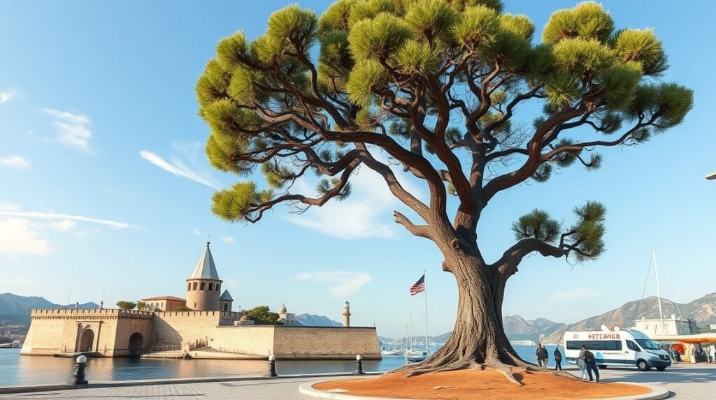 Hippokratész platánfája Kos városában, háttérben a kikötői erőd