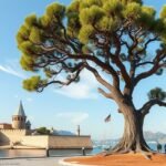 Hippokratész platánfája Kos városában, háttérben a kikötői erőd