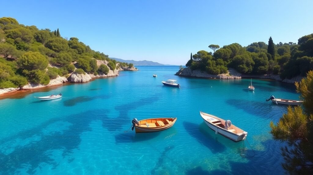 Vourvourou kék lagúnái csónakokkal és zöldellő parttal