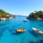 Vourvourou kék lagúnái csónakokkal és zöldellő parttal