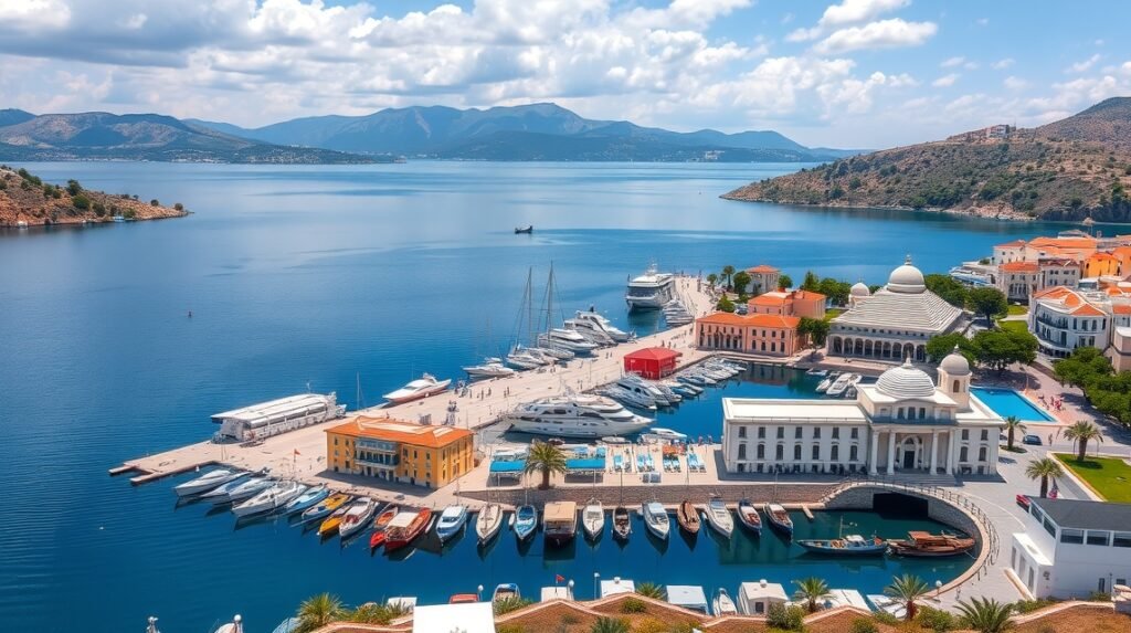 Agios Nikolaos kikötője Krétán gyönyörű tengeri kilátással.