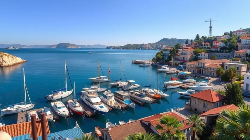 Kassiopi kikötője Korfu északi partján, gyönyörű kilátással