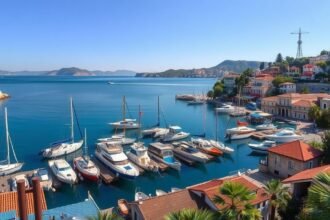 Kassiopi kikötője Korfu északi partján, gyönyörű kilátással