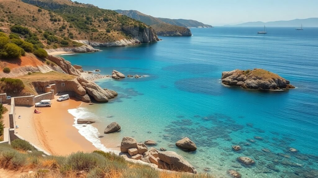 Lassi, Kefalónia aranyhomokos partjánál kristálytiszta víz és sziklák.