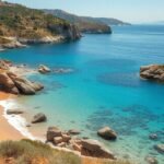 Lassi, Kefalónia aranyhomokos partjánál kristálytiszta víz és sziklák.