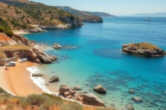 Lassi, Kefalónia aranyhomokos partjánál kristálytiszta víz és sziklák.