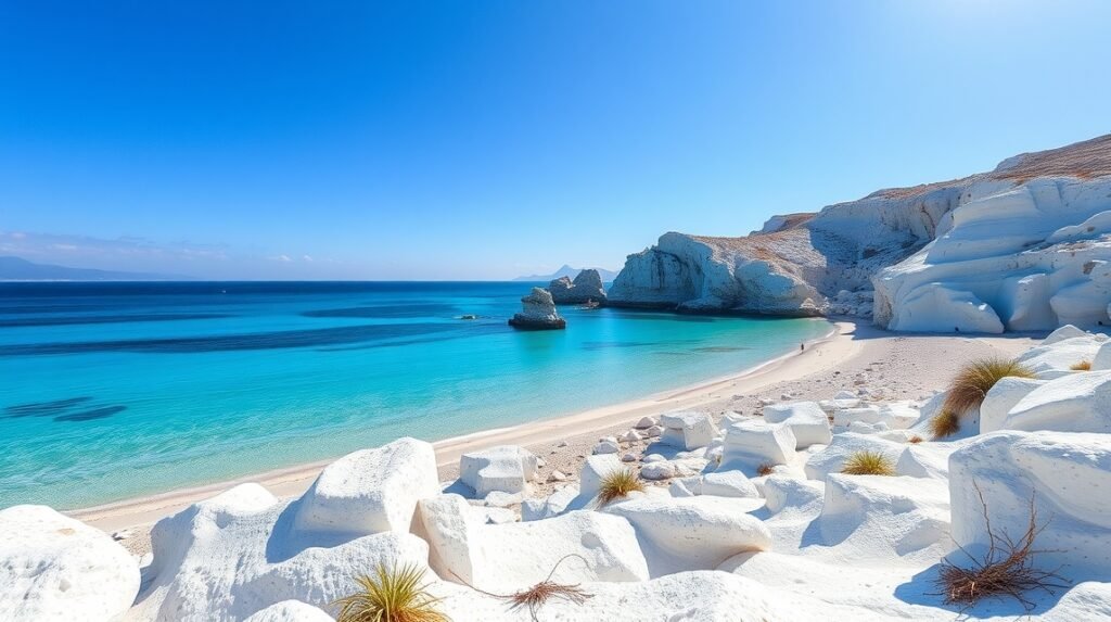 Sarakiniko tengerparti táj Milos szigetén, hófehér sziklák és mélykék tenger