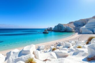 Sarakiniko tengerparti táj Milos szigetén, hófehér sziklák és mélykék tenger